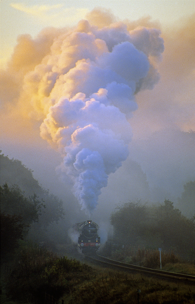 Atmospheric morning shot of an express steam engine chuffing through a rural scene